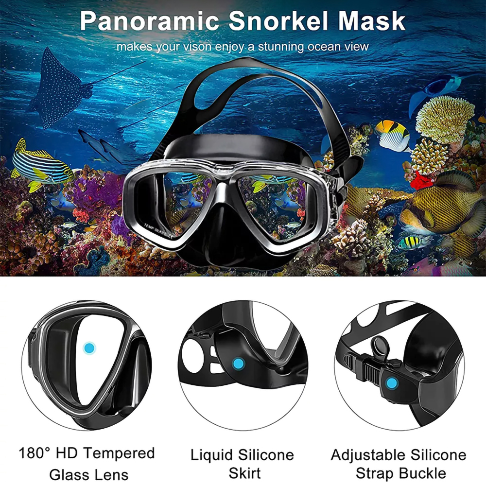 Tempered Glass Lens Anti Leak Anti Fog Adjustable strap system Scuba Swimming Snorkeling Diving Mask Goggles With Snorkel Set Gear