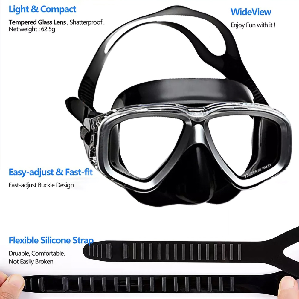 Tempered Glass Lens Anti Leak Anti Fog Adjustable strap system Scuba Swimming Snorkeling Diving Mask Goggles With Snorkel Set Gear