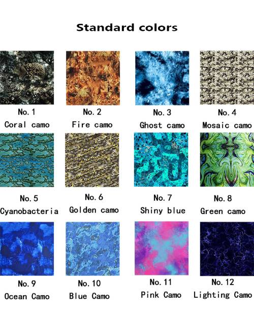 Camo spearfishing wetsuit's standard colors